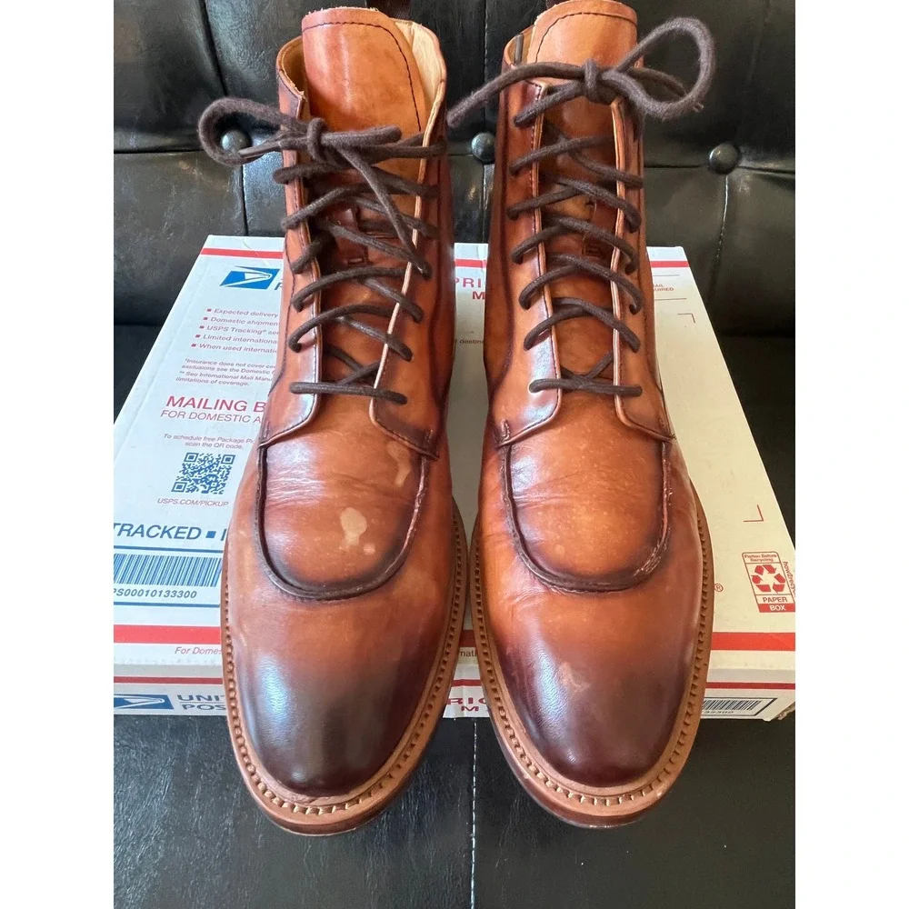 Curatore Mens Cognac Leather Apron Toe Lace Up Boots‎ Burnished